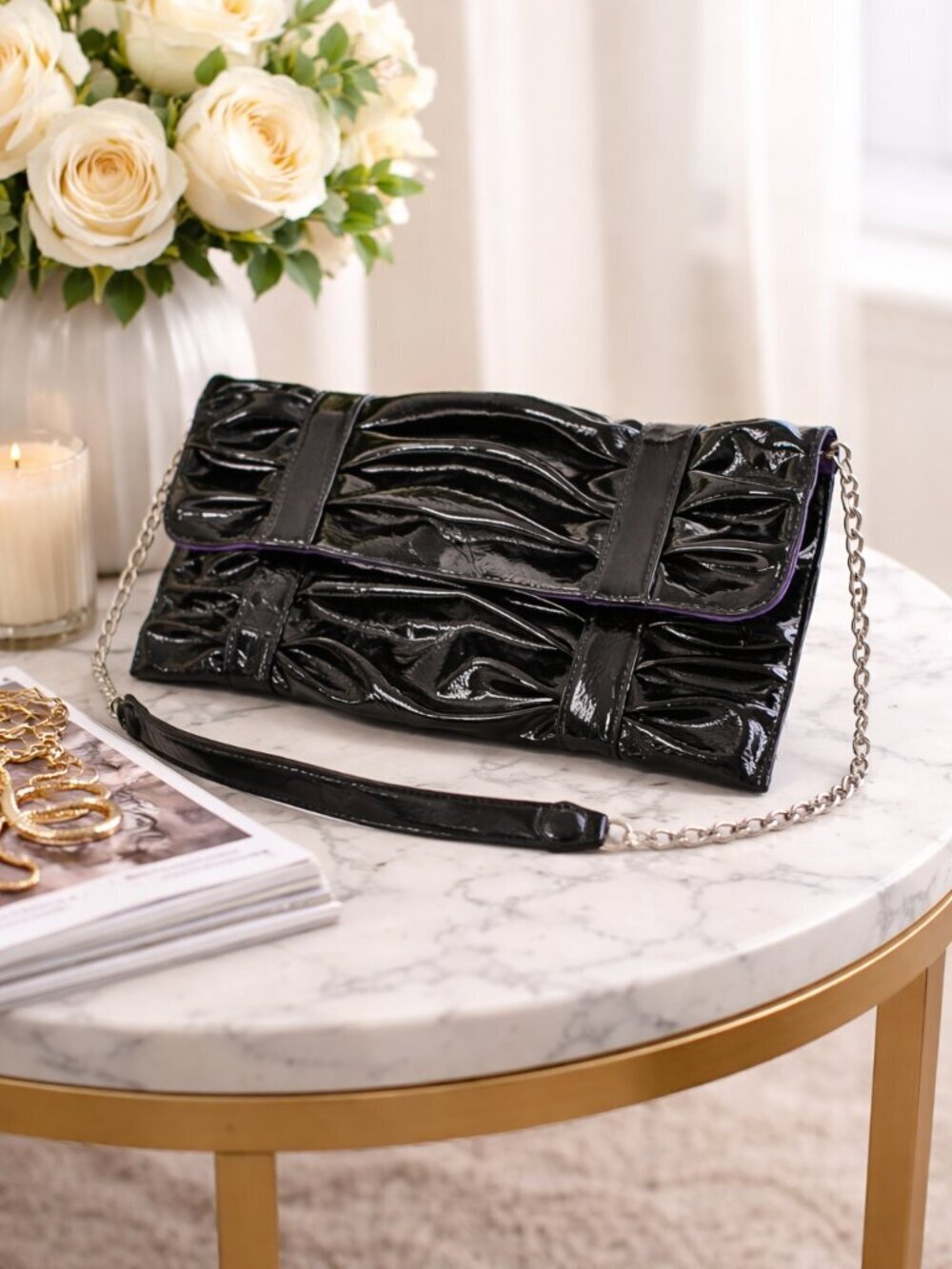 Daisy Fuentes Black Patent Leather Clutch Shoulder Bag Chain Strap Purple Lining